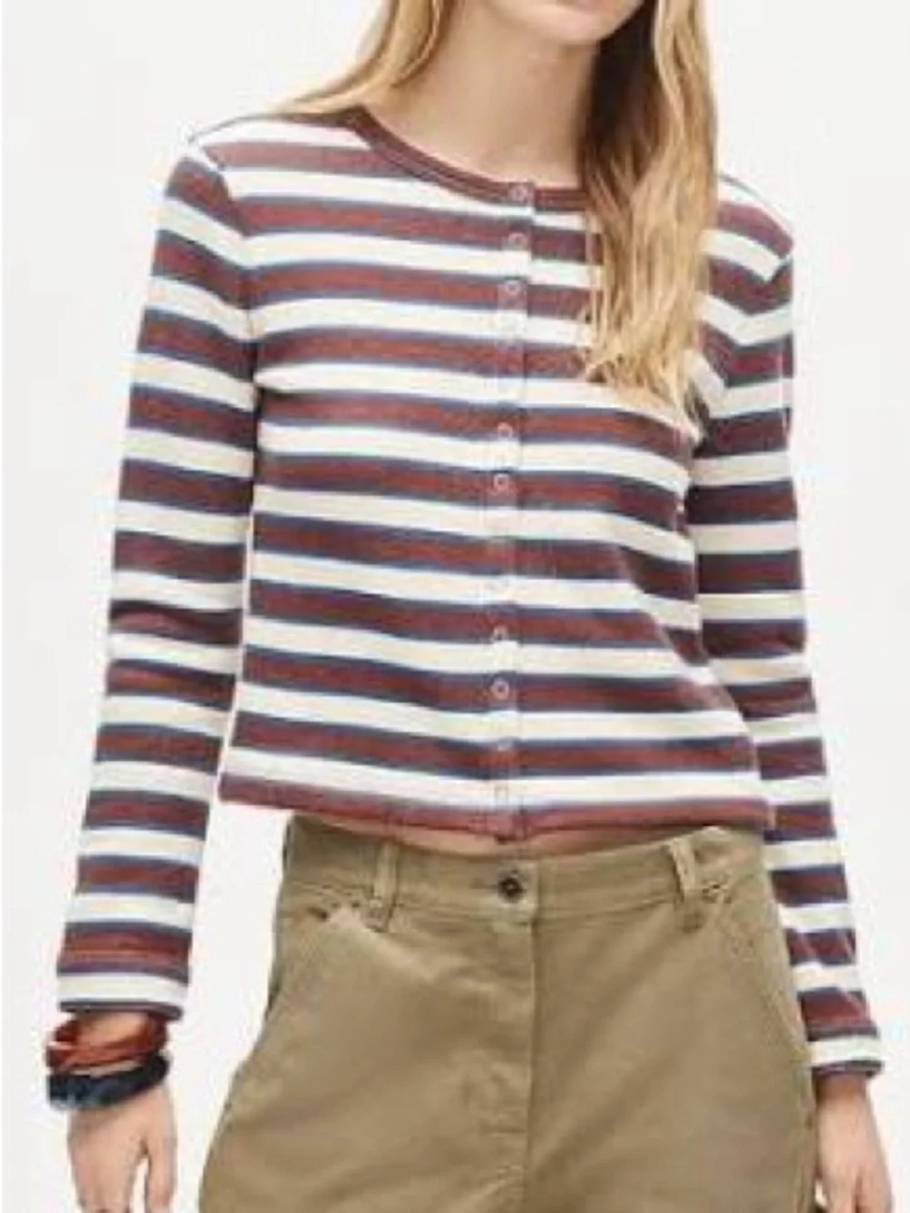 J Crew women's S Heritage terry cropped cardigan in stripe long sleeve crew neck